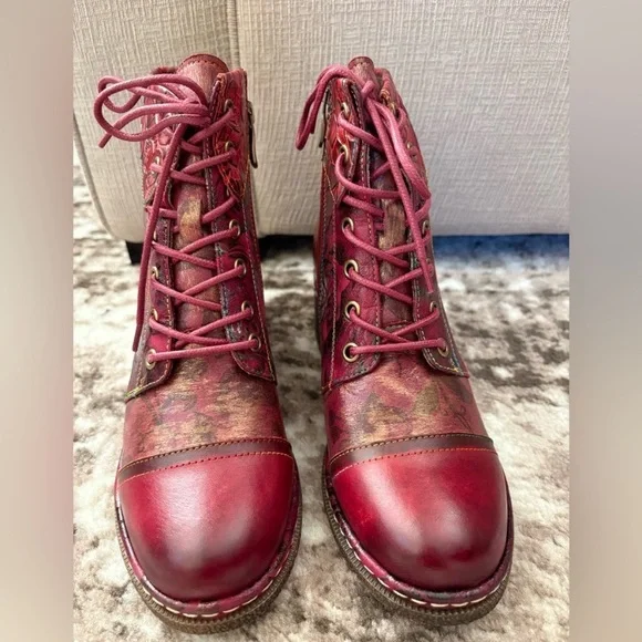 $178 L'Artiste by Spring Step Leather Lace-Up Boots NEW fallinluv Bordeaux 38/8 - Picture 4 of 8